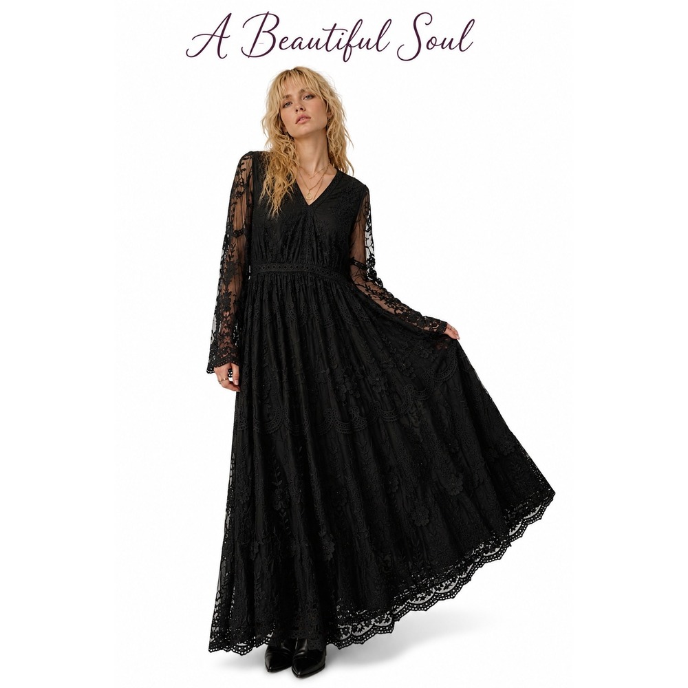 A Beautiful Soul Black Embroidered Lace Maxi Dress Boho Gothic Romantic 1X